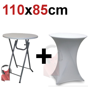 Pack mange-debout rond pliant 85 cm avec housse lycra blanche &ndash; location &eacute;v&eacute;nementielle Toulouse