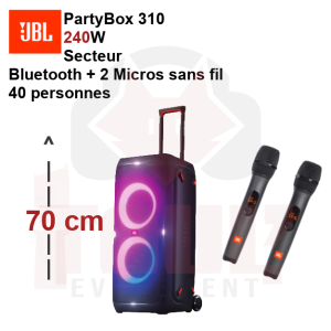 Location sono JBL Partybox 310 240W- 50 personnes Bluetooth avec 2 micros sans fil