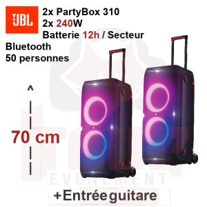 Location sono 2x JBL Partybox 310 60 personnes 2x240W Bluetooth sur batterie