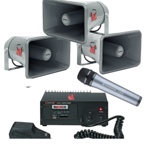 Location pack Sono voiture sur allume-cigare avec 3 haut-parleurs pavillon, micro sans fil et lecteur USB